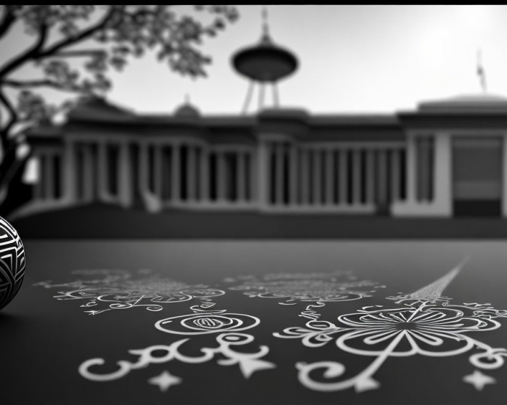 Monochromatic image of classical building, ornate floor pattern, spherical object, and tree silhouette.