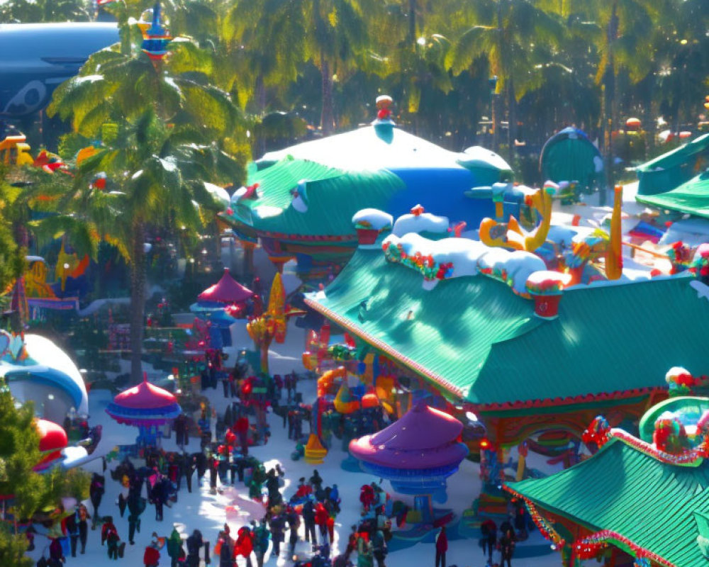 Christmas-themed theme park with festive decorations and palm trees bustling with visitors under sunny sky