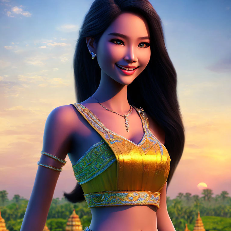 Charming animated character in Southeast Asian attire at sunset