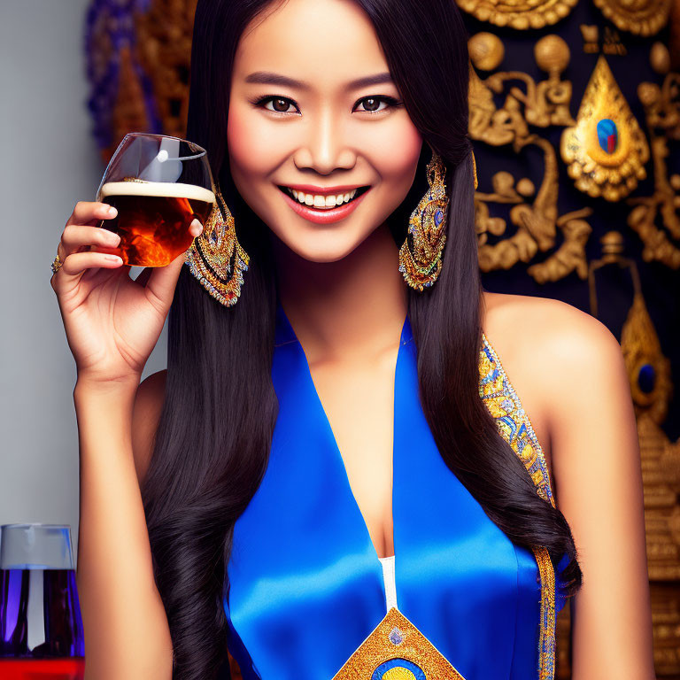 Traditional blue dress woman with whisky glass and ornate background