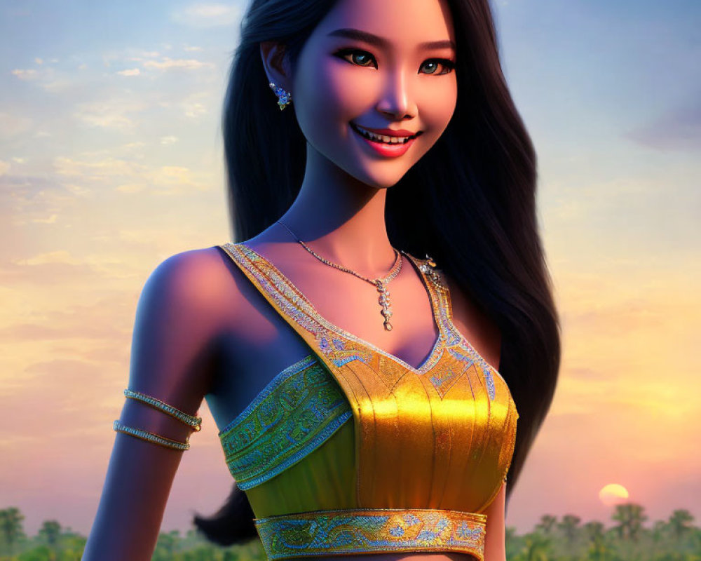 Charming animated character in Southeast Asian attire at sunset