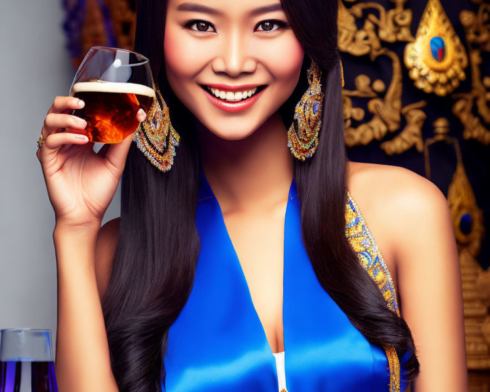 Traditional blue dress woman with whisky glass and ornate background