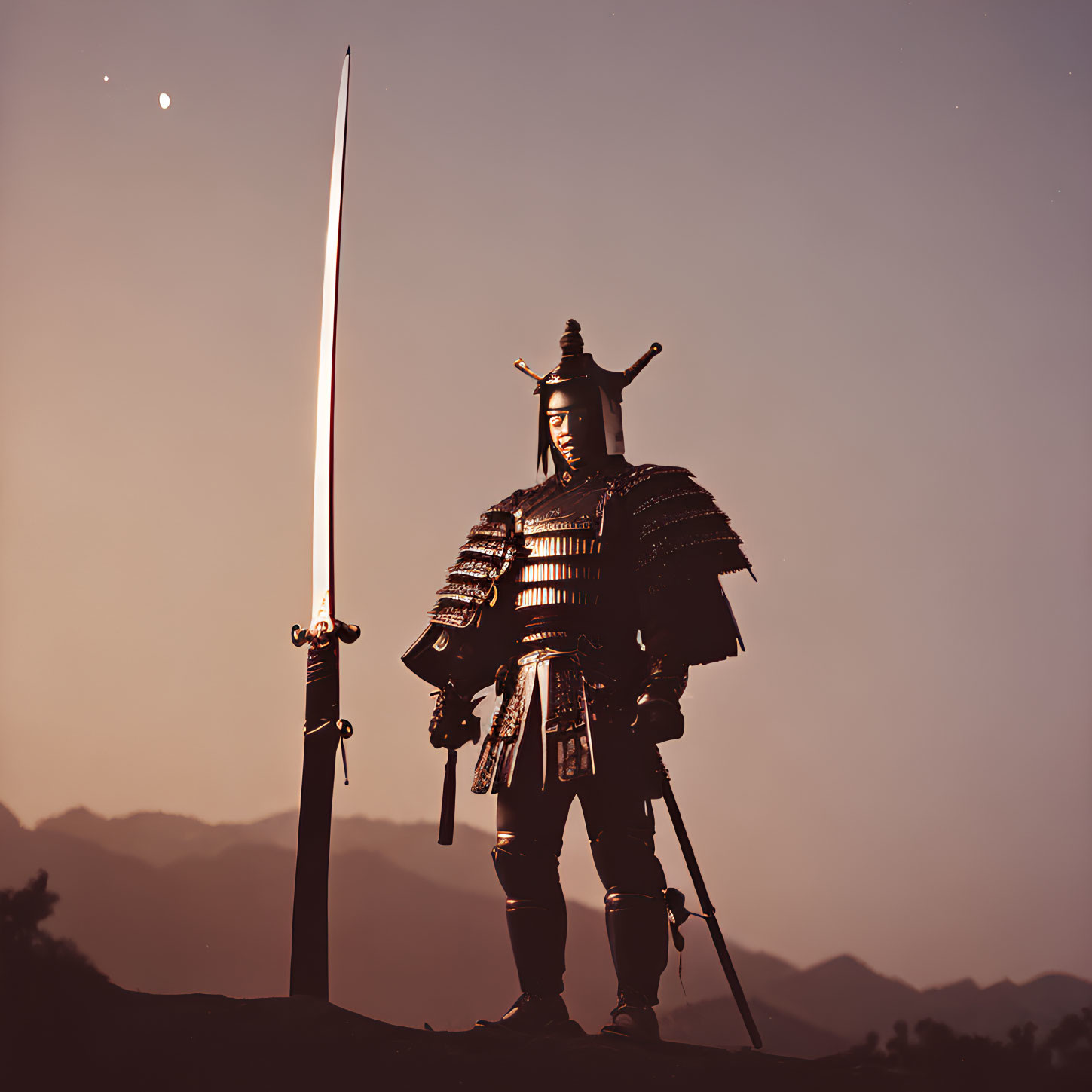 Warrior in Traditional Armor with Raised Sword Against Twilight Sky