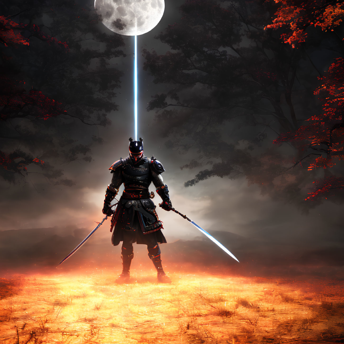 Warrior in Black Armor with Glowing Blue Sword in Fiery Landscape