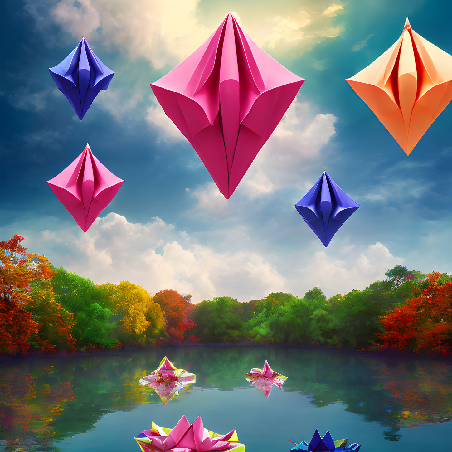 Vibrant origami paper boats on calm lake with matching boats in sky