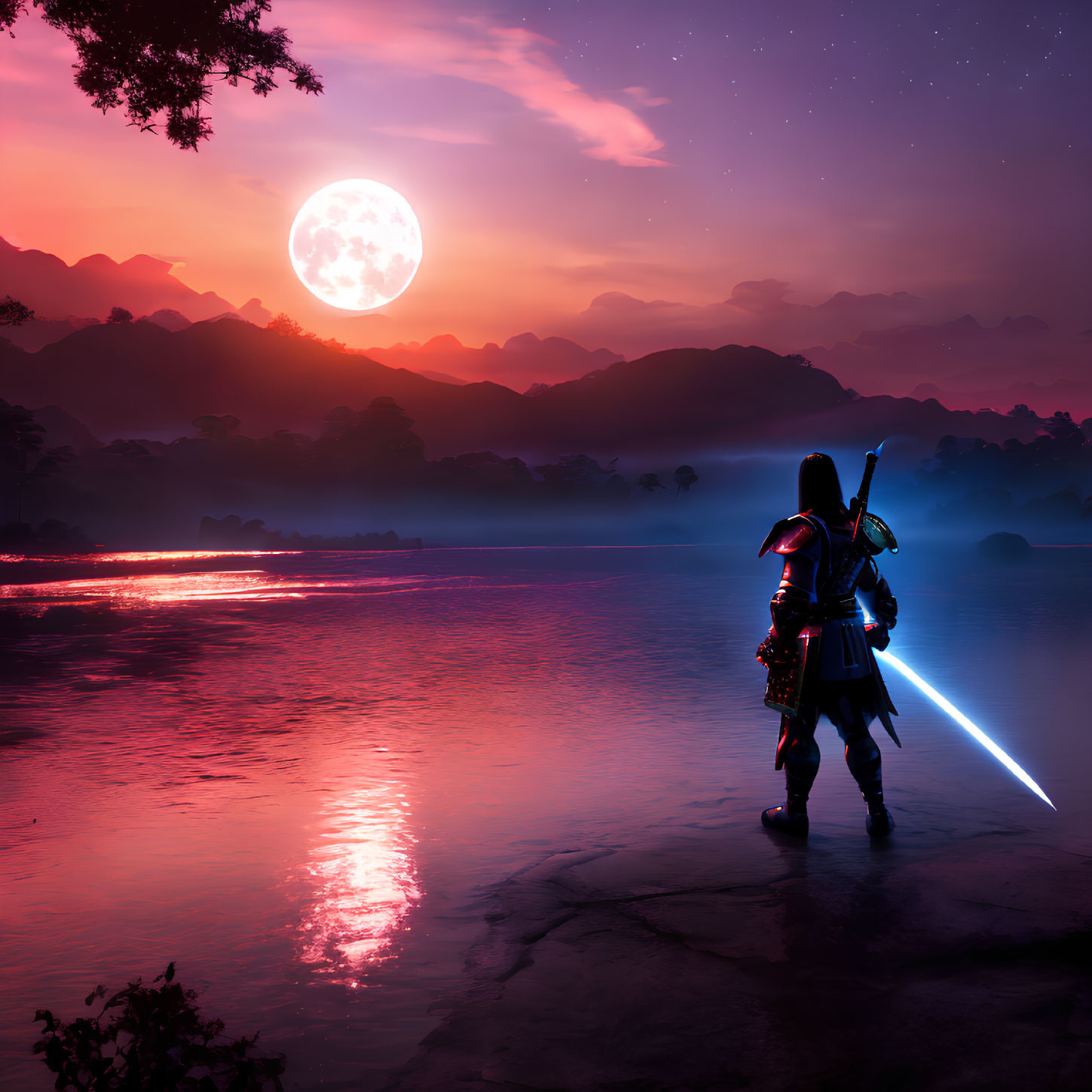 Warrior with blue glowing sword gazes at full moon by riverside