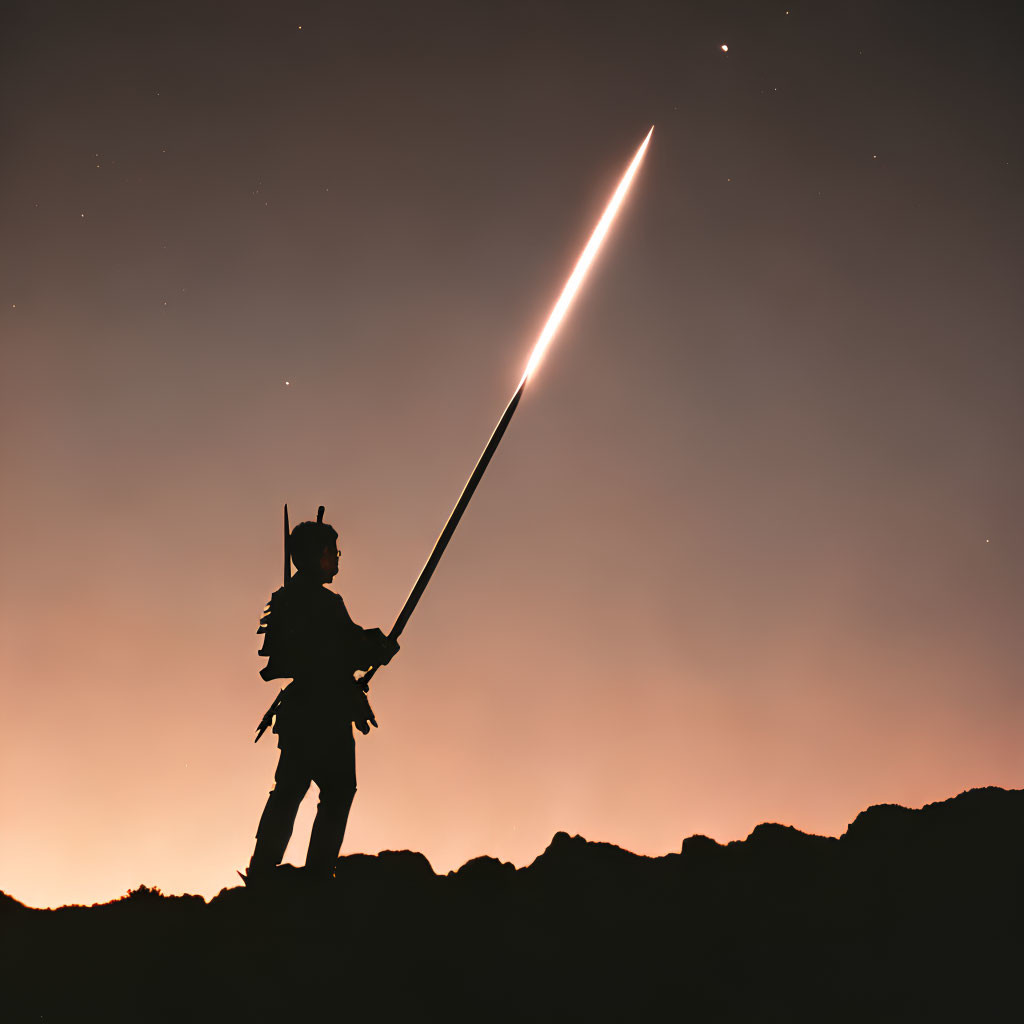 Silhouetted figure with illuminated sword against twilight sky