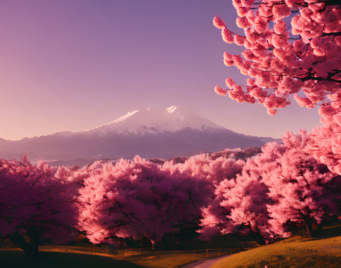 Snow-capped mountain and pink cherry blossoms in serene landscape