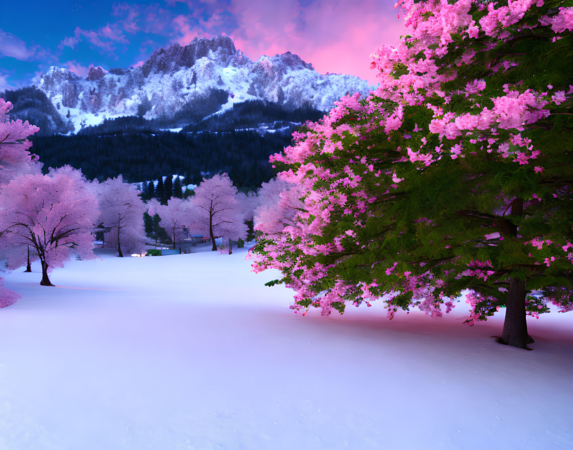 Twilight snowscape with pink cherry blossoms, green tree, and mountains