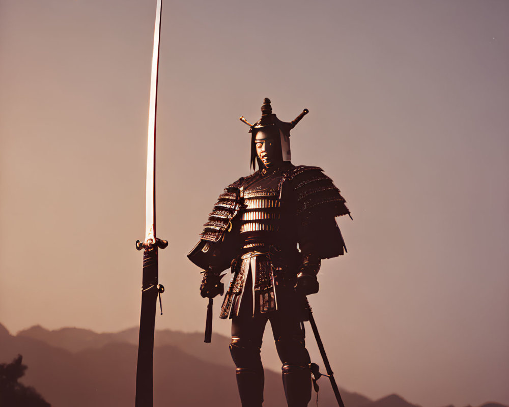 Warrior in Traditional Armor with Raised Sword Against Twilight Sky