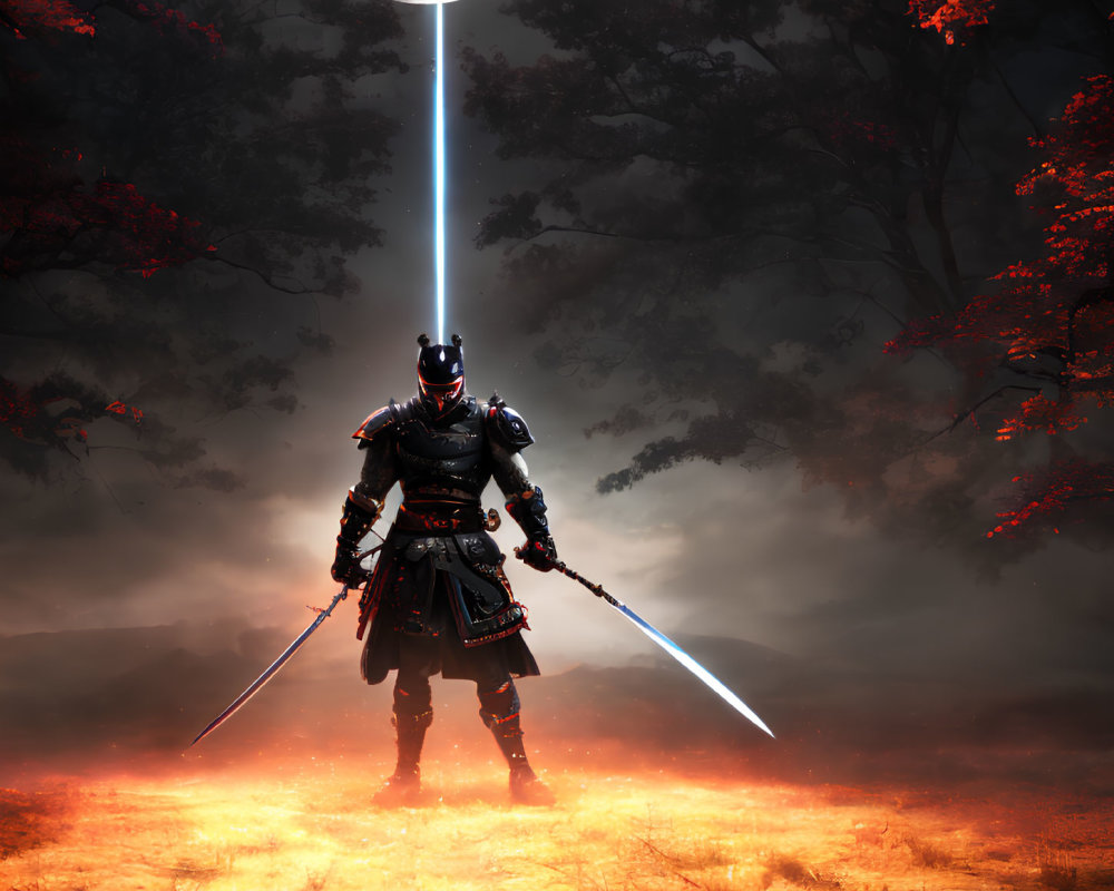 Warrior in Black Armor with Glowing Blue Sword in Fiery Landscape