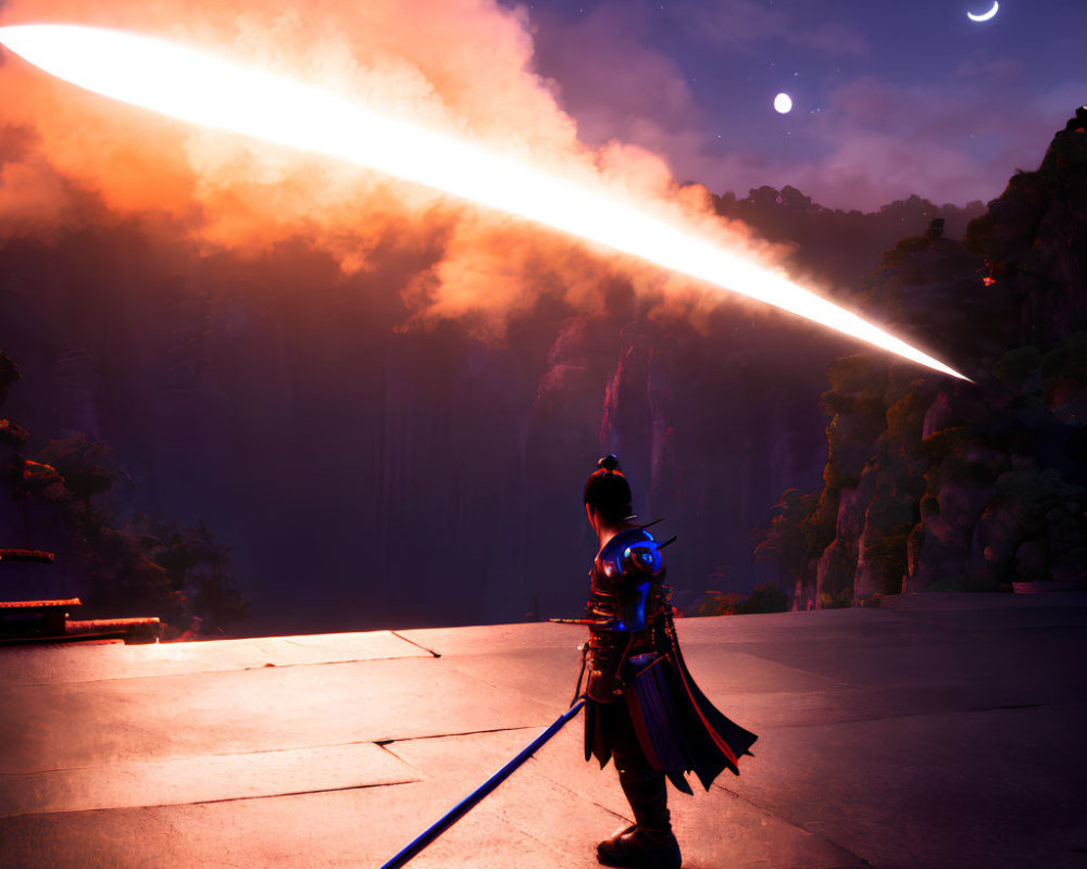 Samurai on Cliff at Night with Comet, Purple Sky, Stars, Moons