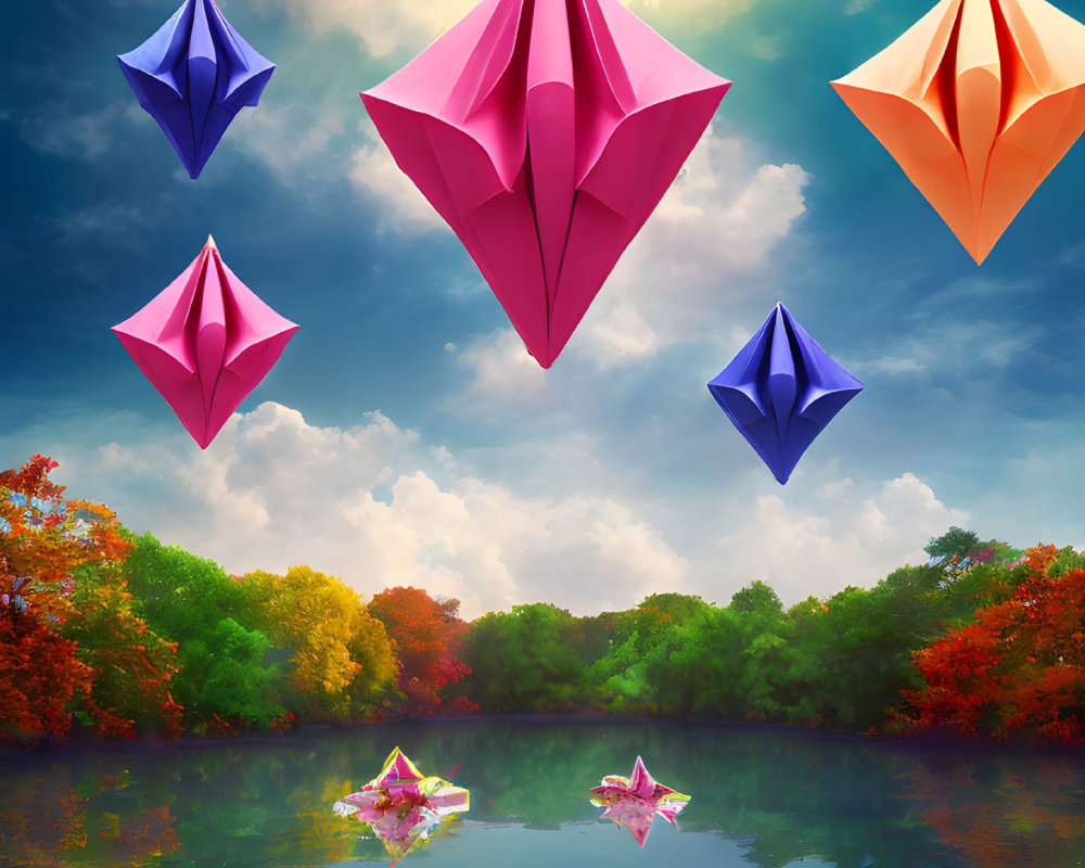 Vibrant origami paper boats on calm lake with matching boats in sky