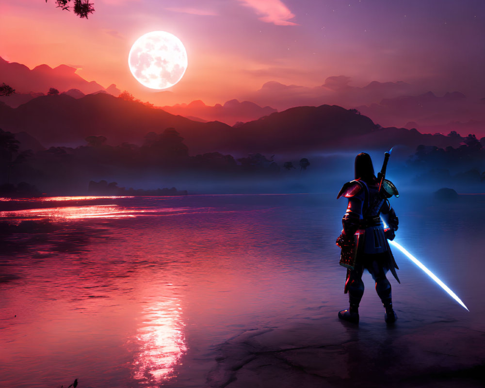 Warrior with blue glowing sword gazes at full moon by riverside