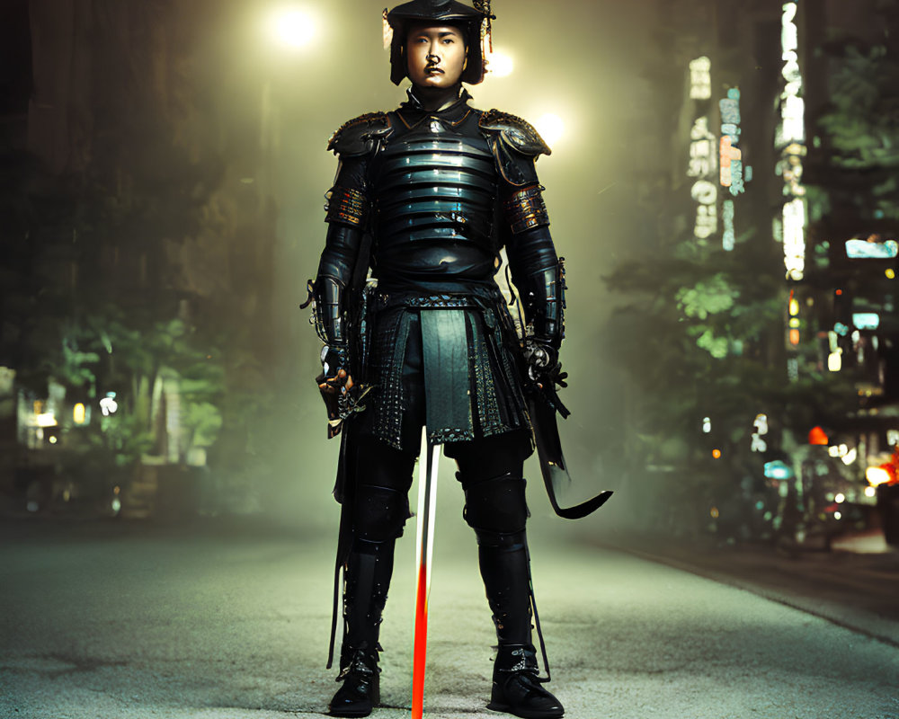 Traditional samurai armor on urban street at night with neon lights and katana.