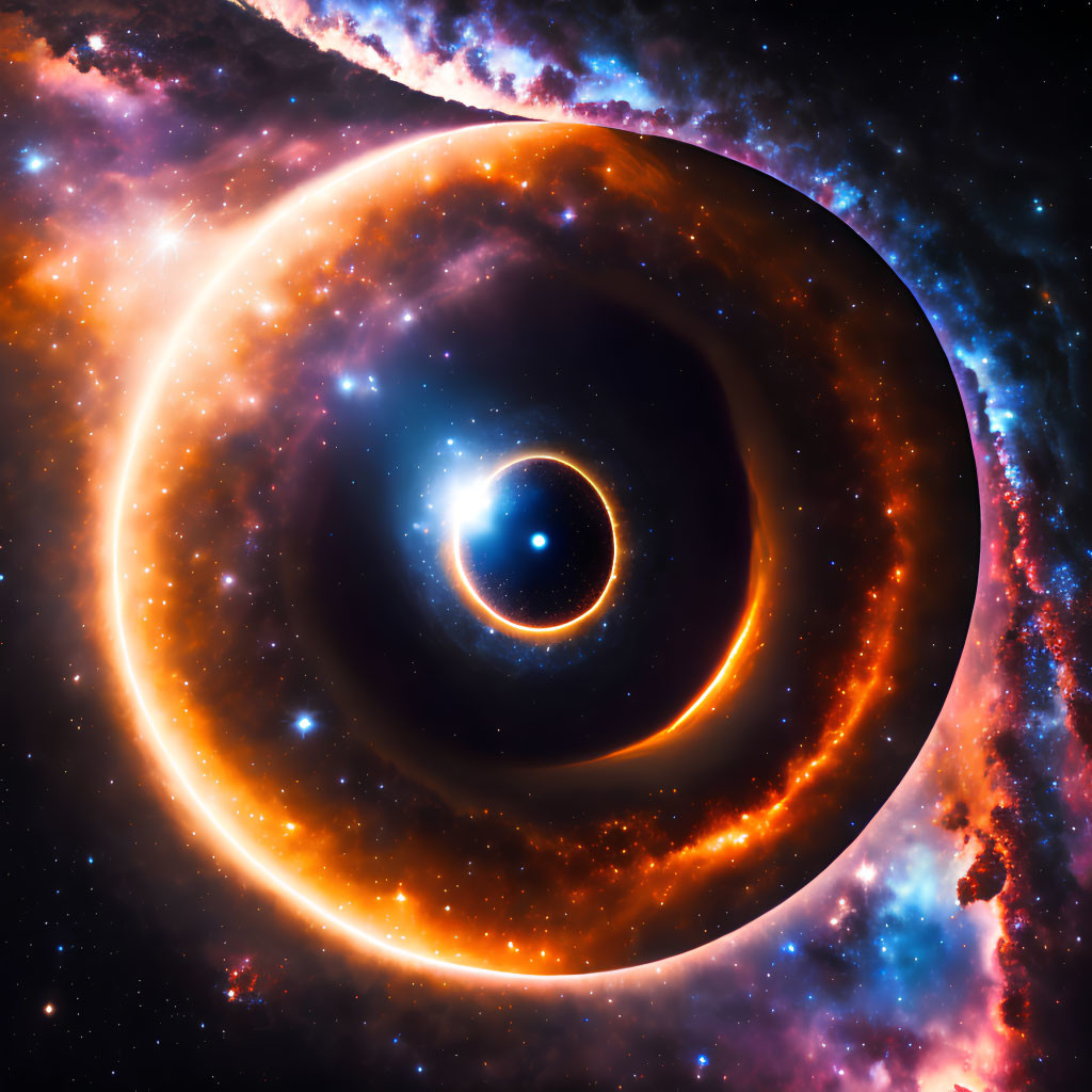 Colorful depiction of a black hole with accretion disk in space