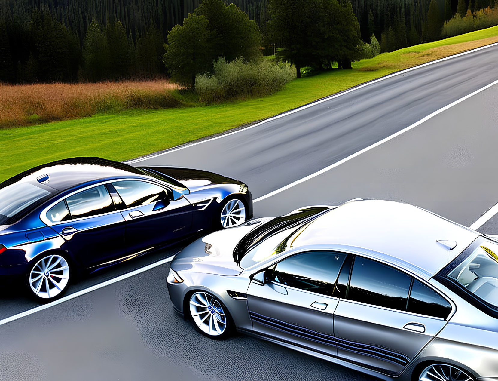 Two speeding cars on highway with forest backdrop in vibrant colors