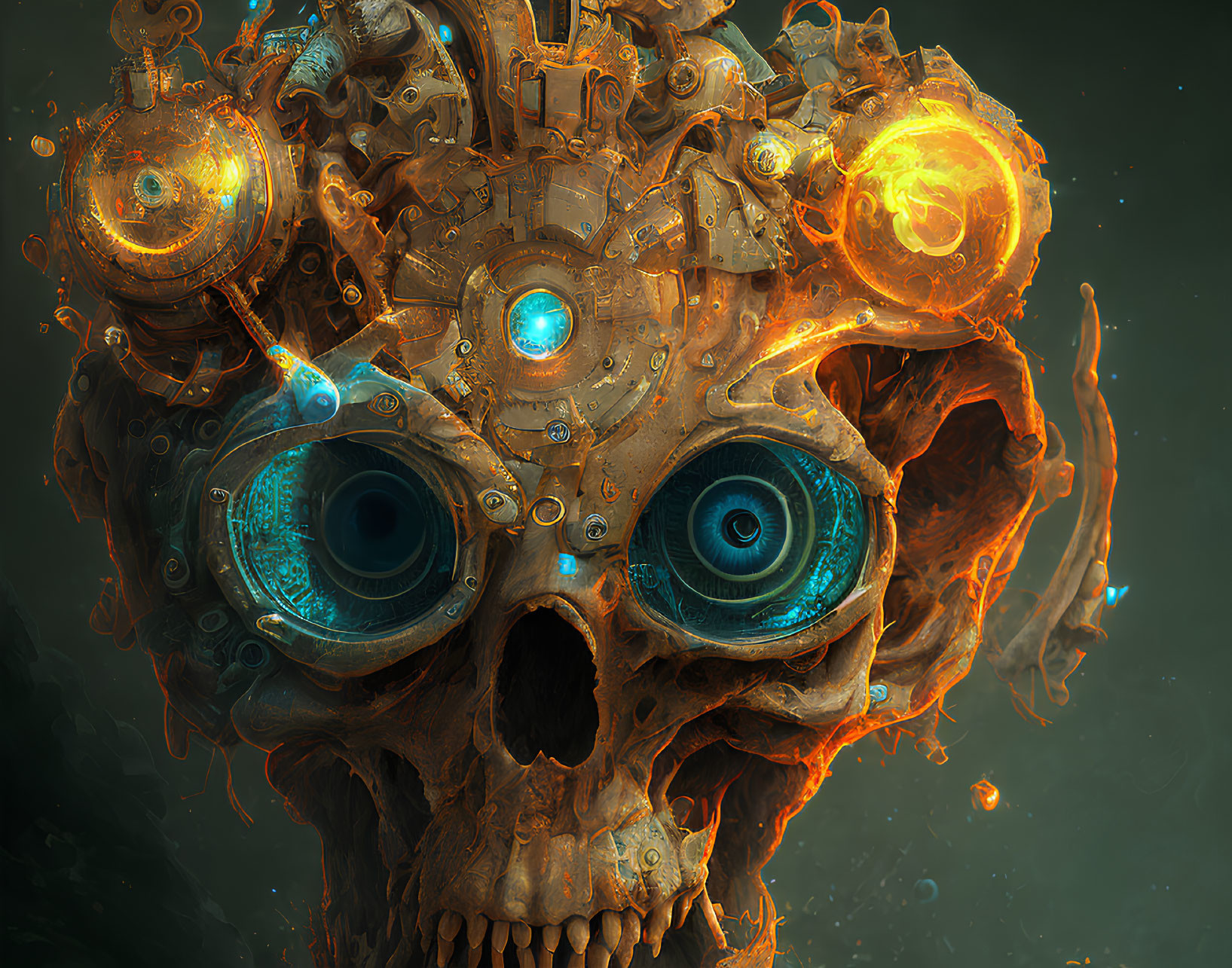 Detailed digital artwork of a mechanical skull with glowing blue eyes and intricate gears, surrounded by ember-like particles