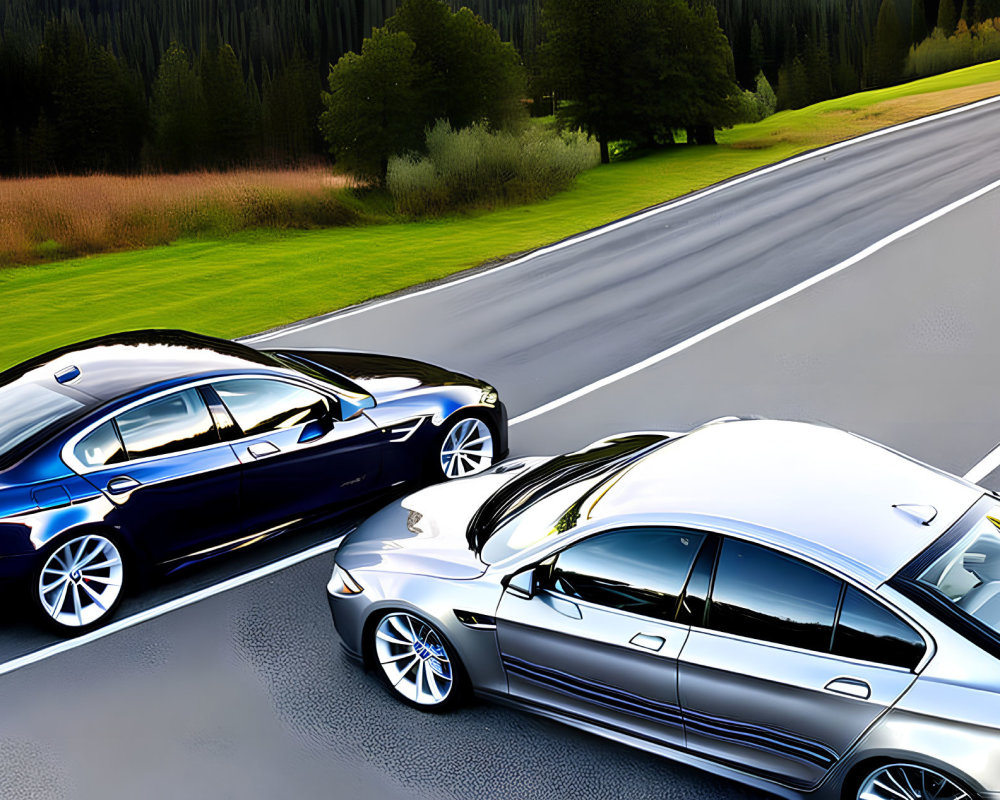 Two speeding cars on highway with forest backdrop in vibrant colors