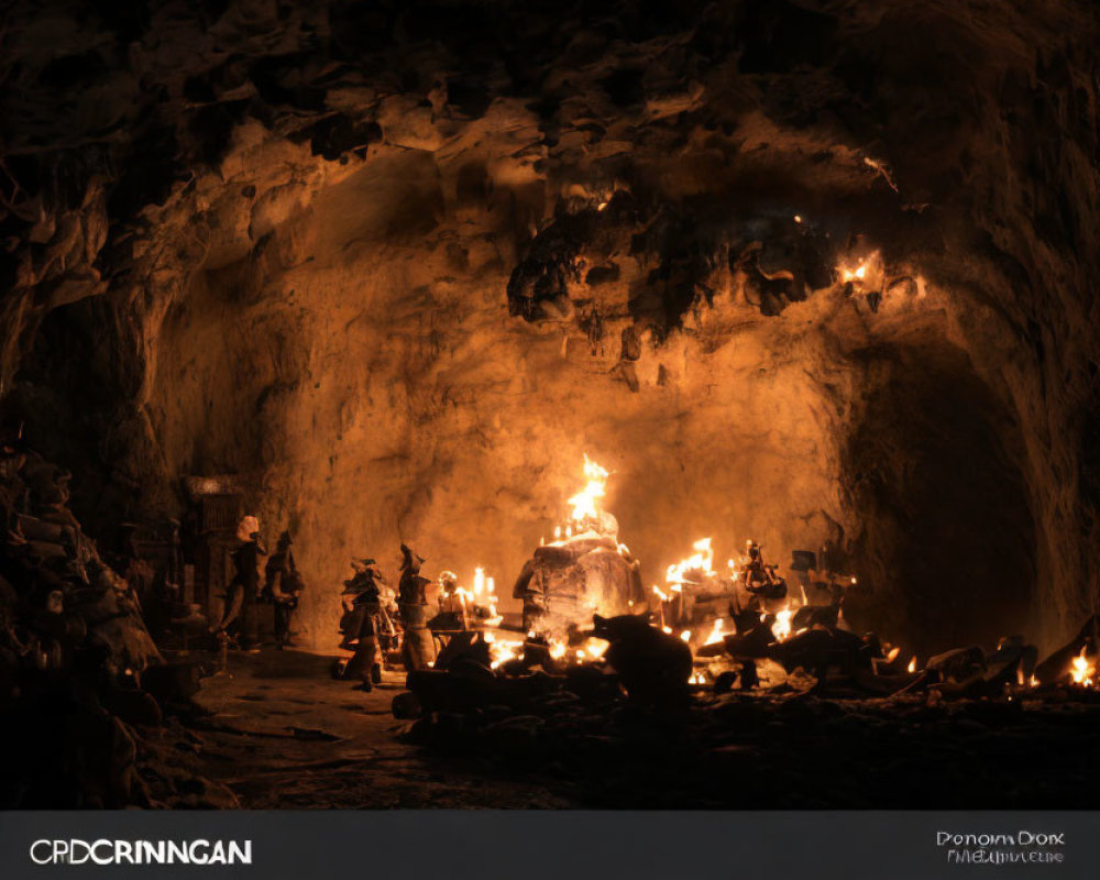 Mysterious Cave with Rocky Formations and Small Fires