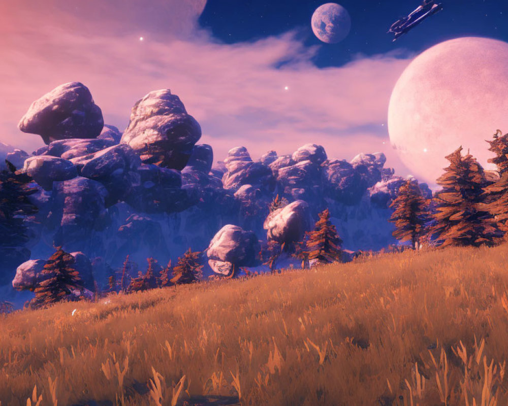 Fantastical landscape with floating rocks, twilight forest, and multiple moons.