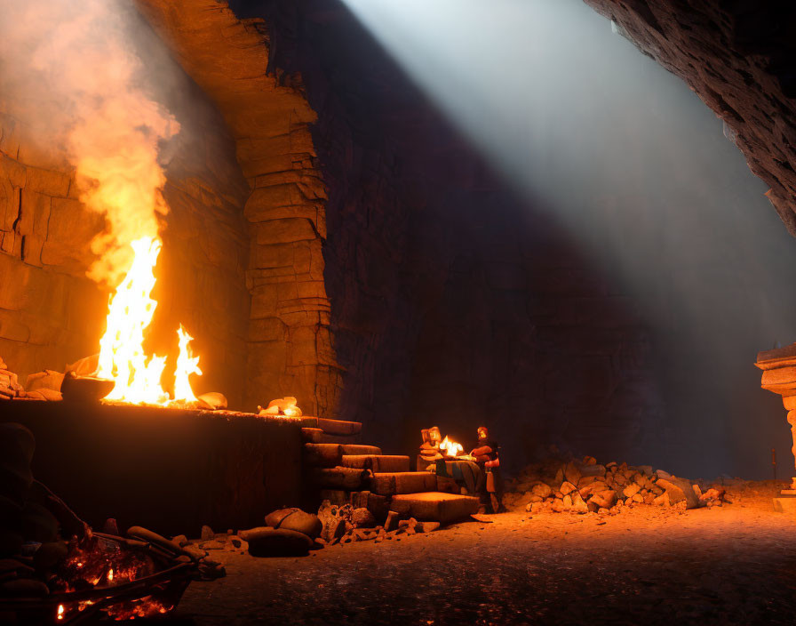 Cavern scene with people around fire and sunbeams