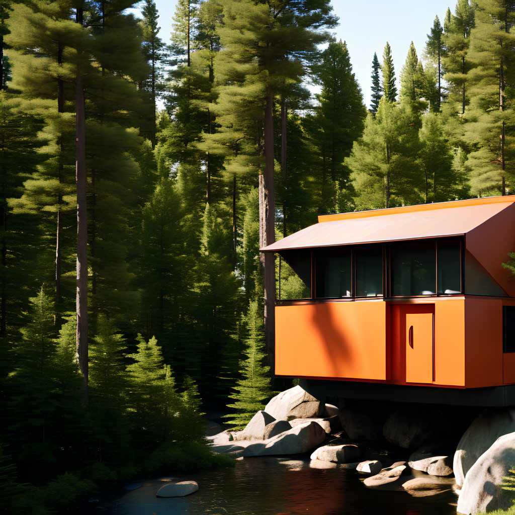 Modern orange cabin on stilts in serene forest by calm stream