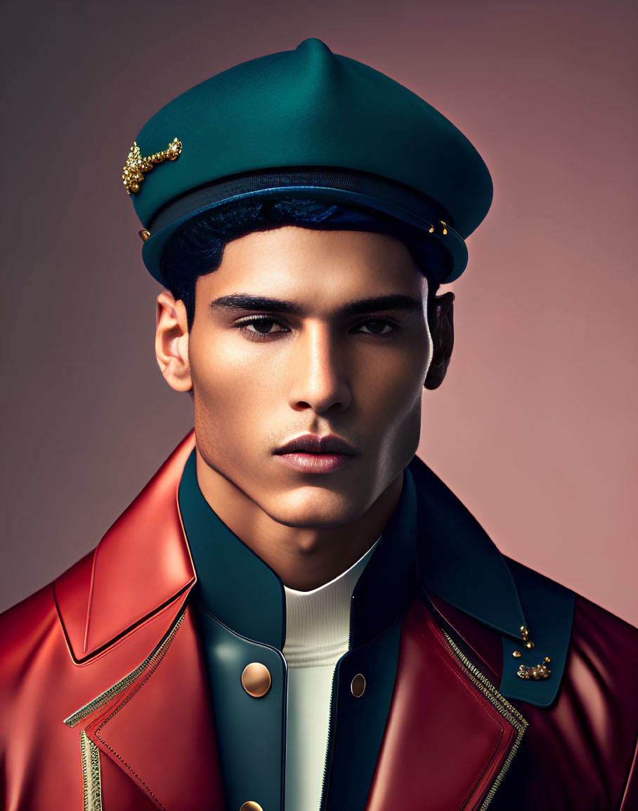 Stylish man in military-inspired outfit with green cap and red jacket gazes at camera