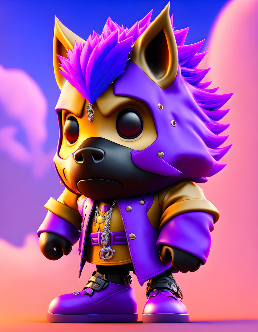 Anthropomorphic fox character with purple and yellow fur and flashy jewelry.