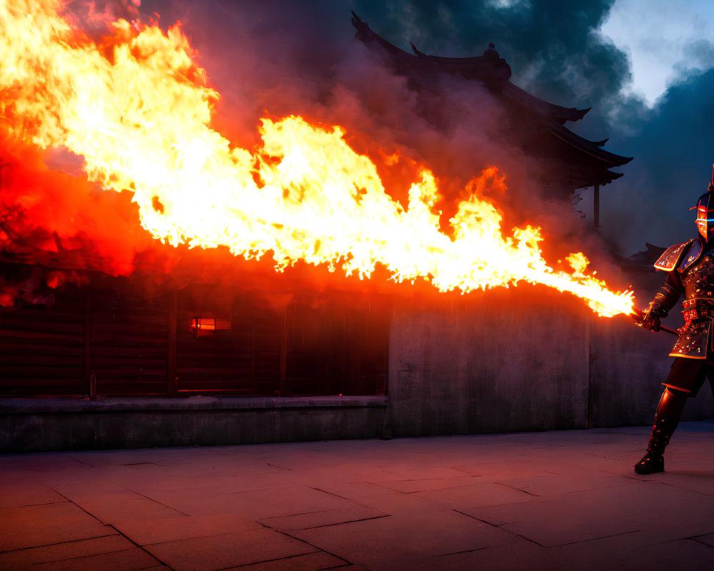 Elaborately armored person breathes fire before ancient building