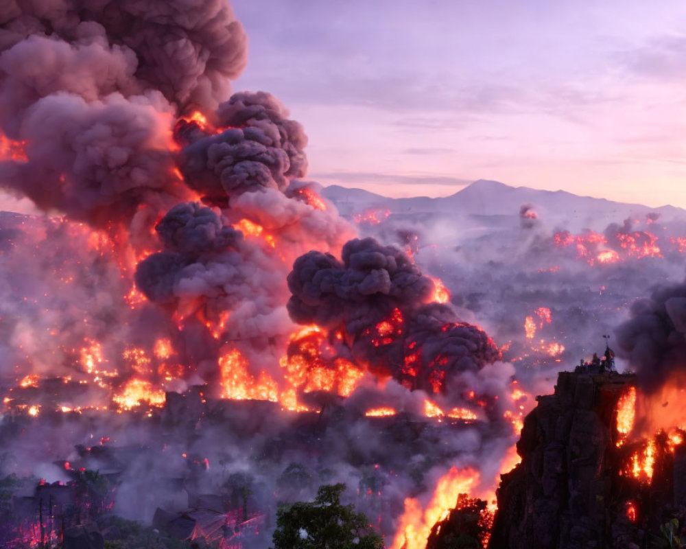 Dusk volcanic eruption with lava flows and ash clouds in forested landscape