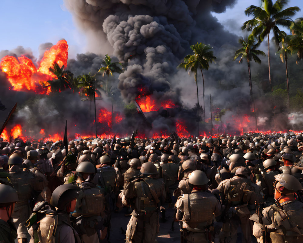 Soldiers in Helmets Witness Volcanic Eruptions in Tropical Setting