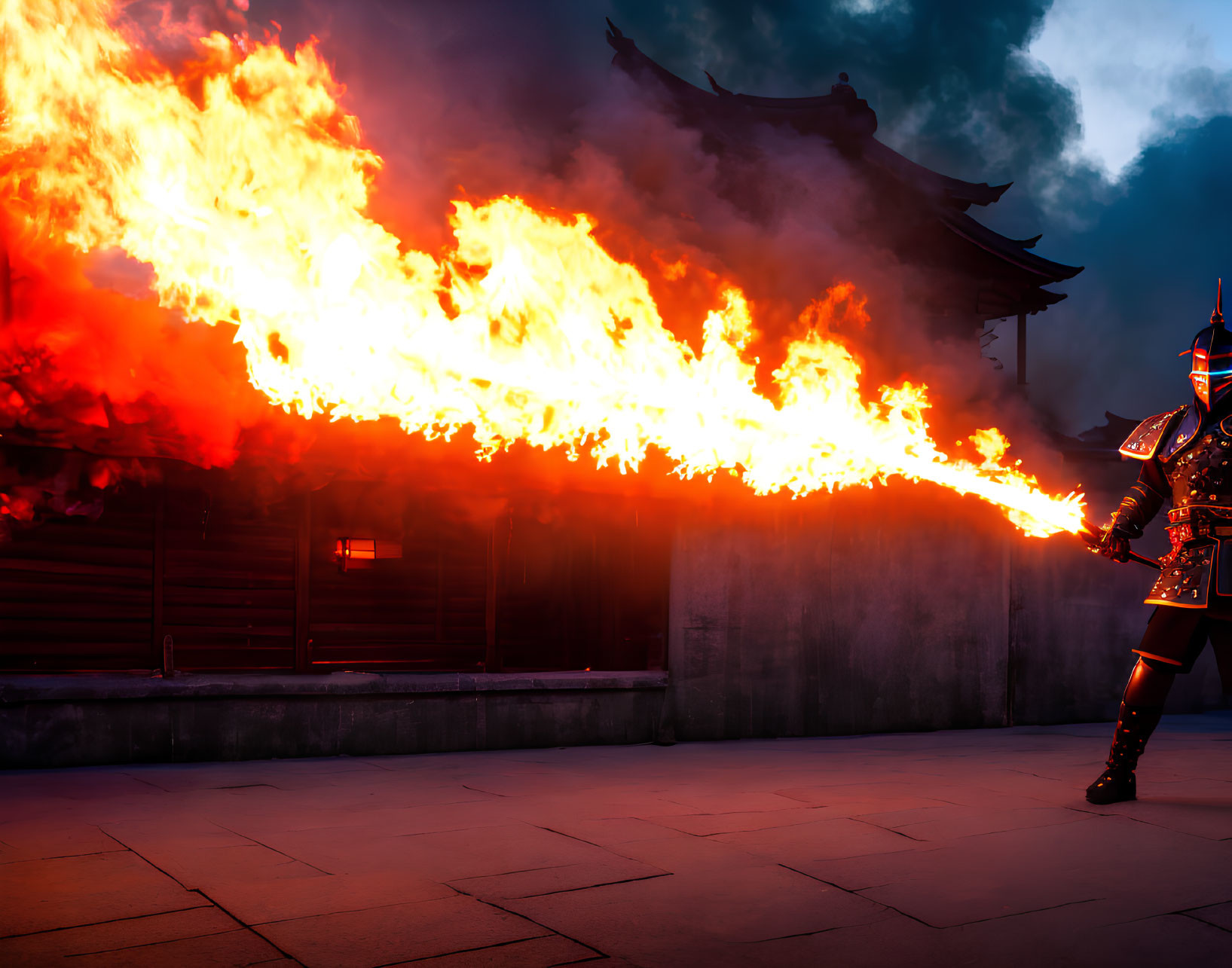 Elaborately armored person breathes fire before ancient building