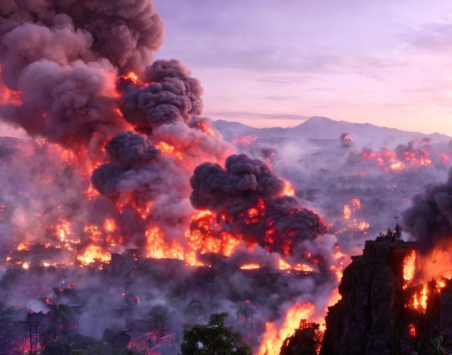 Dusk volcanic eruption with lava flows and ash clouds in forested landscape