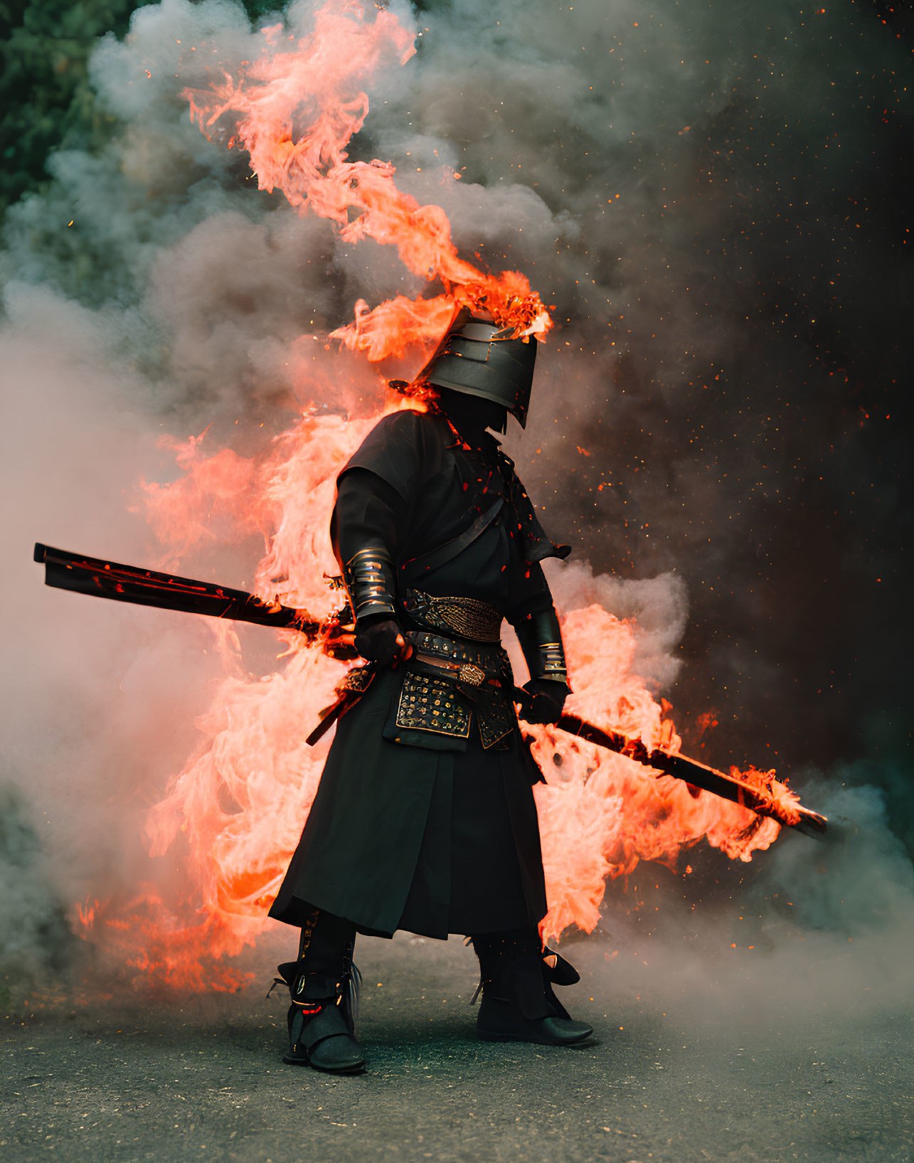 Samurai in full armor wielding burning katana amidst flames