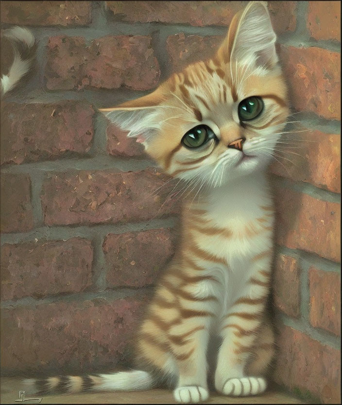 Orange Tabby Kitten with Green Eyes on Red Brick Background