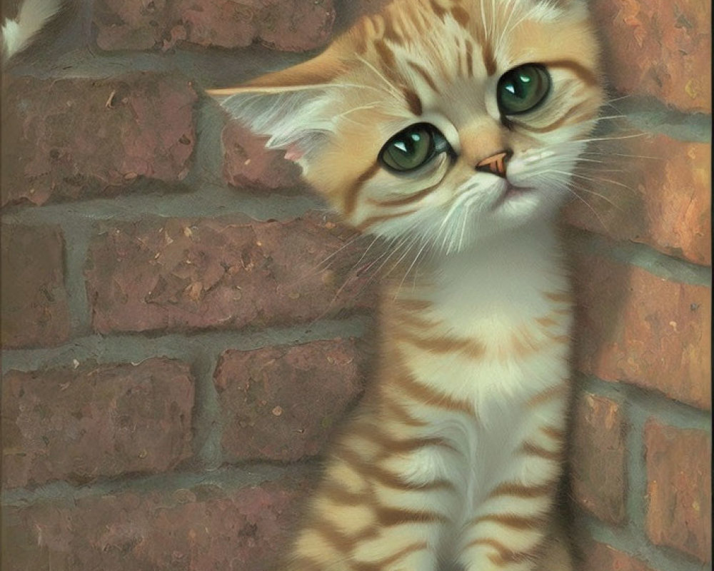 Orange Tabby Kitten with Green Eyes on Red Brick Background