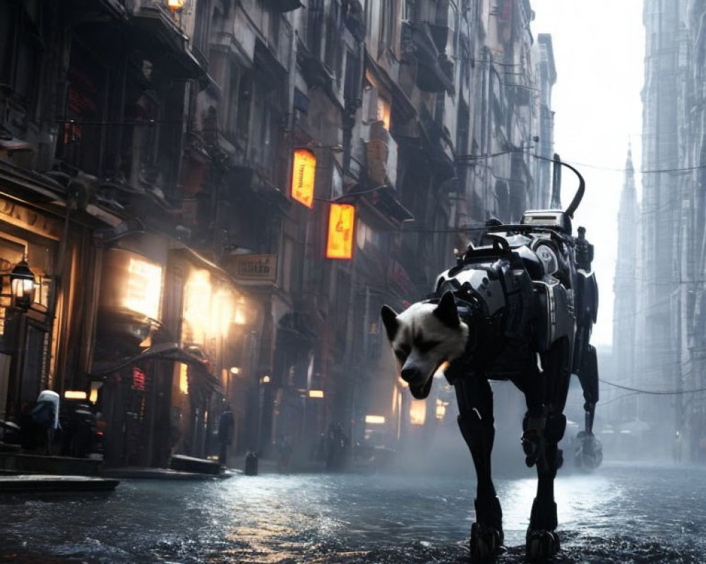 Cybernetic dog with real dog head in rainy urban alley