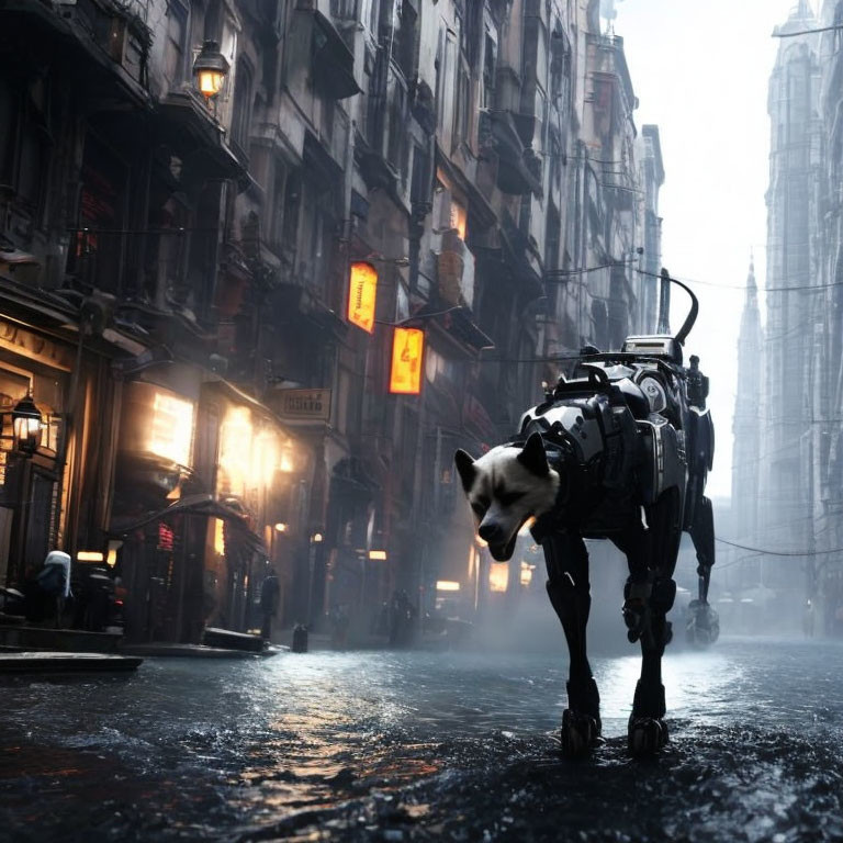 Cybernetic dog with real dog head in rainy urban alley