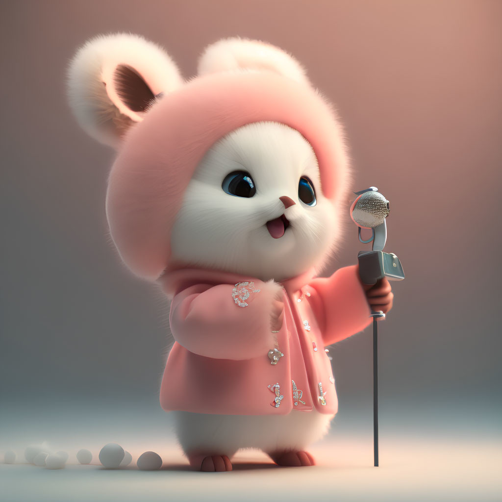 Fluffy White Creature in Pink Hoodie with Microphone