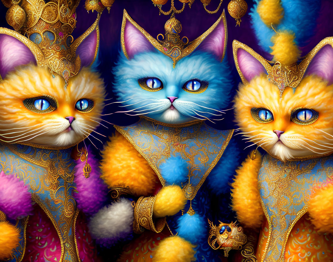 Regal anthropomorphic cats in ornate robes with vibrant eyes