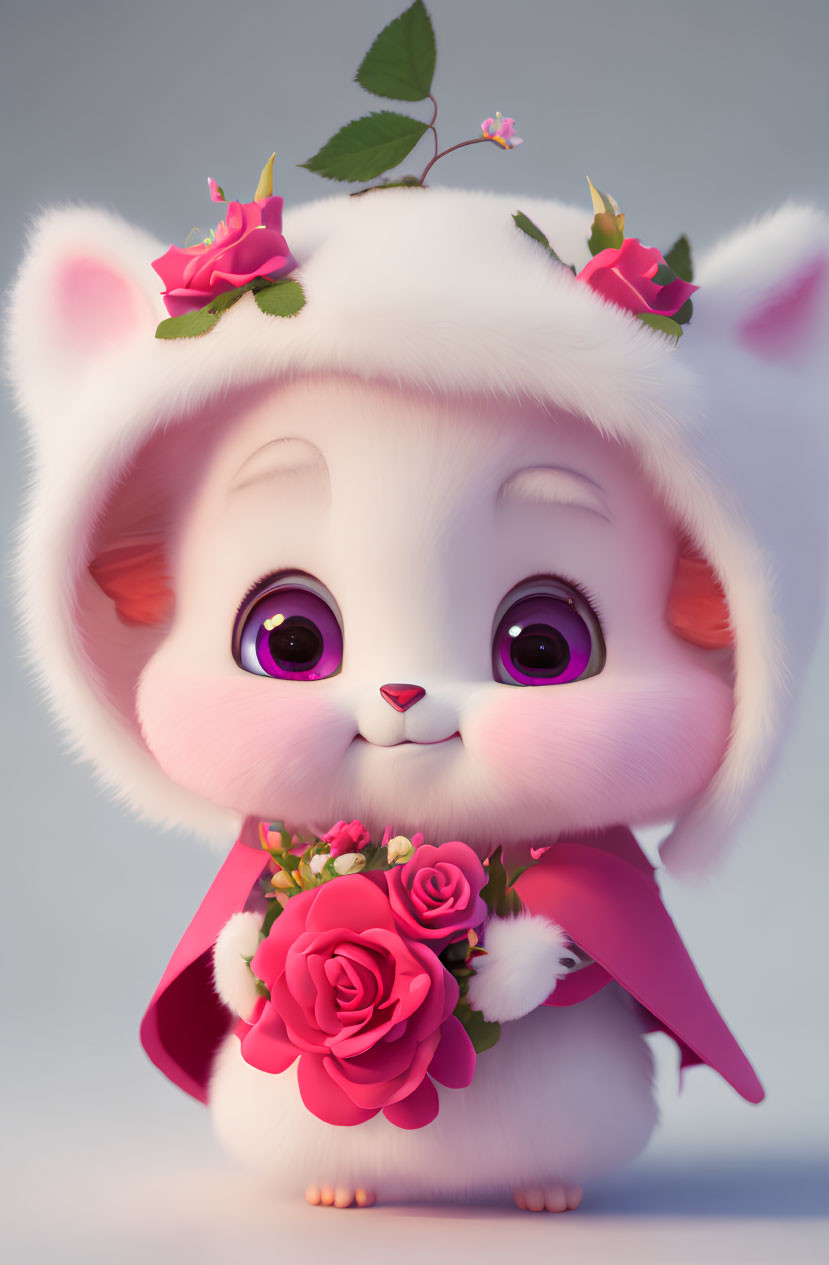 Fluffy white creature in pink cape and hat with roses, holding pink roses