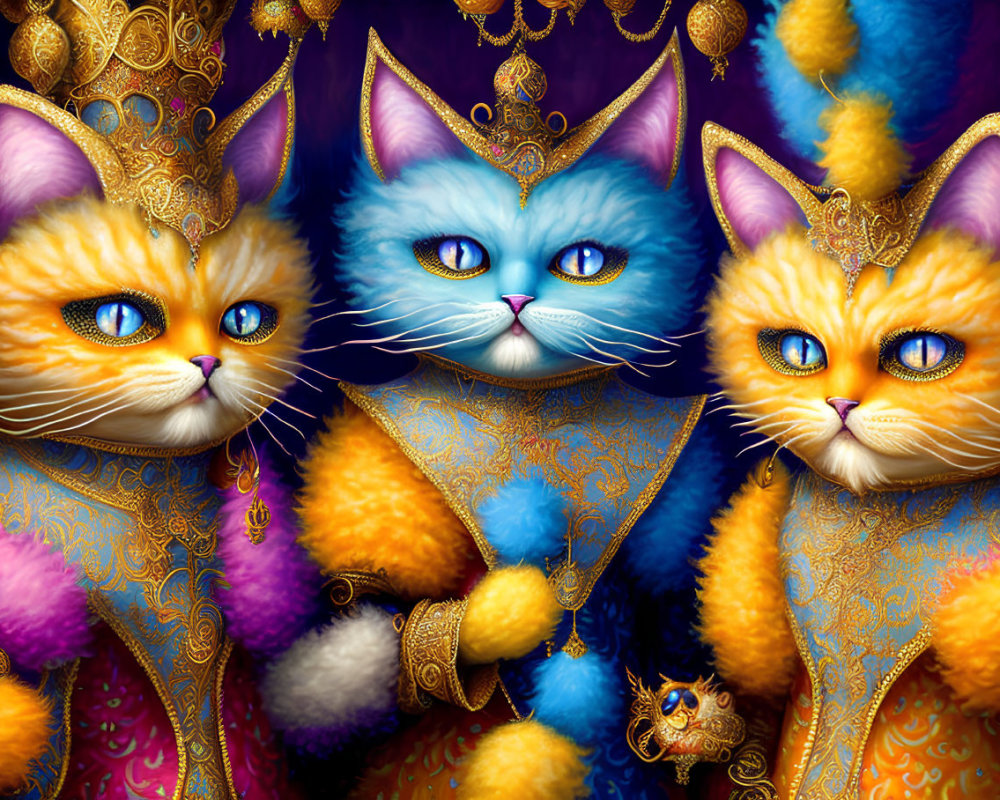 Regal anthropomorphic cats in ornate robes with vibrant eyes