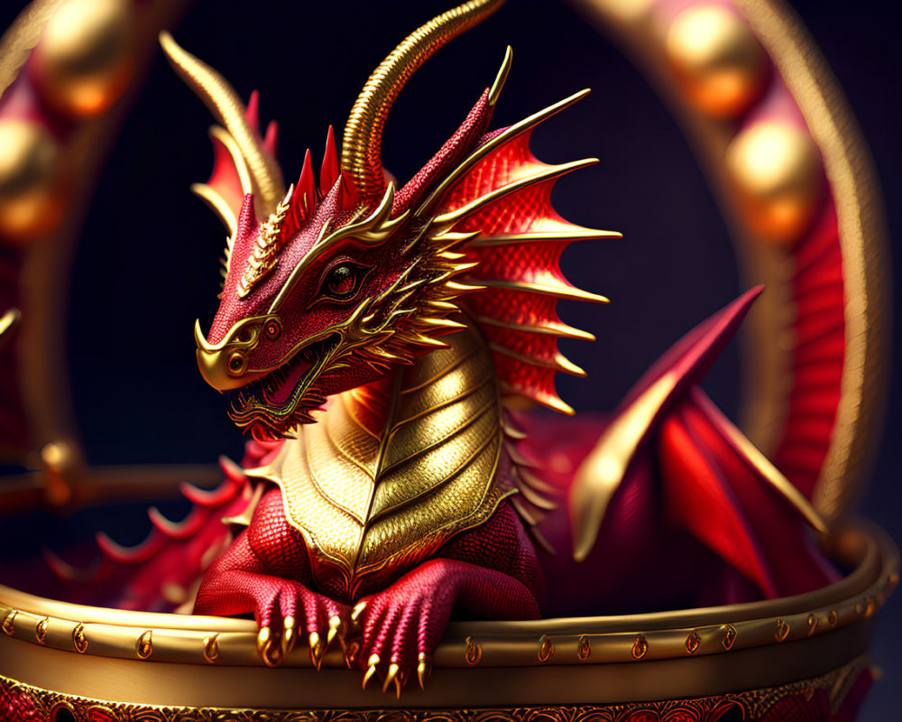 Detailed 3D golden-red dragon with spikes and horns on dark background.