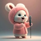 Fluffy White Creature in Pink Hoodie with Microphone