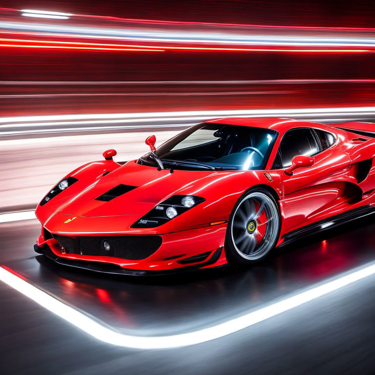 Red Ferrari Sports Car: Blurred Lines, High Speed, Sleek Design