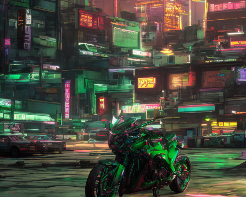 Futuristic motorcycle in neon-lit cyberpunk cityscape