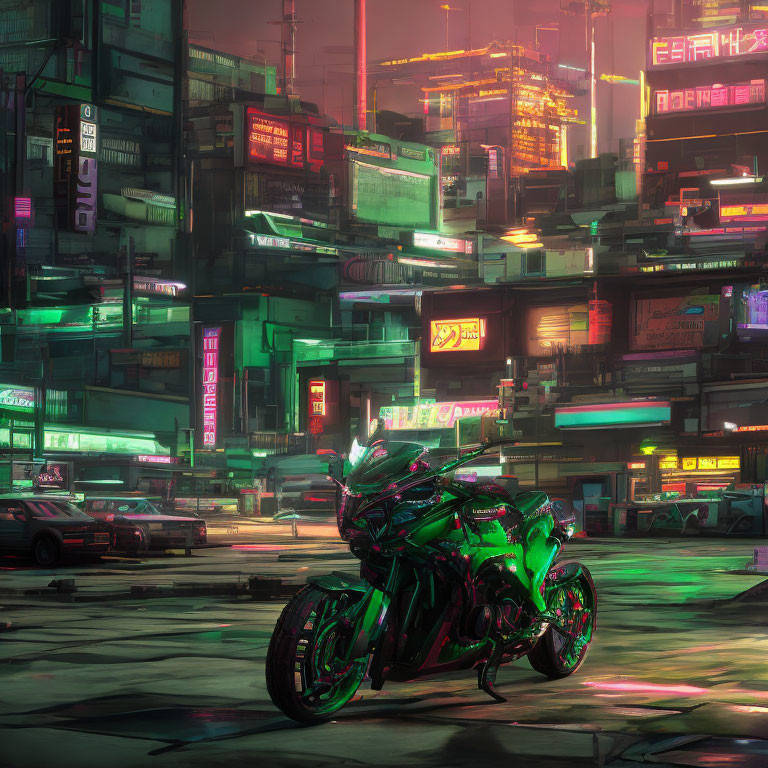 Futuristic motorcycle in neon-lit cyberpunk cityscape