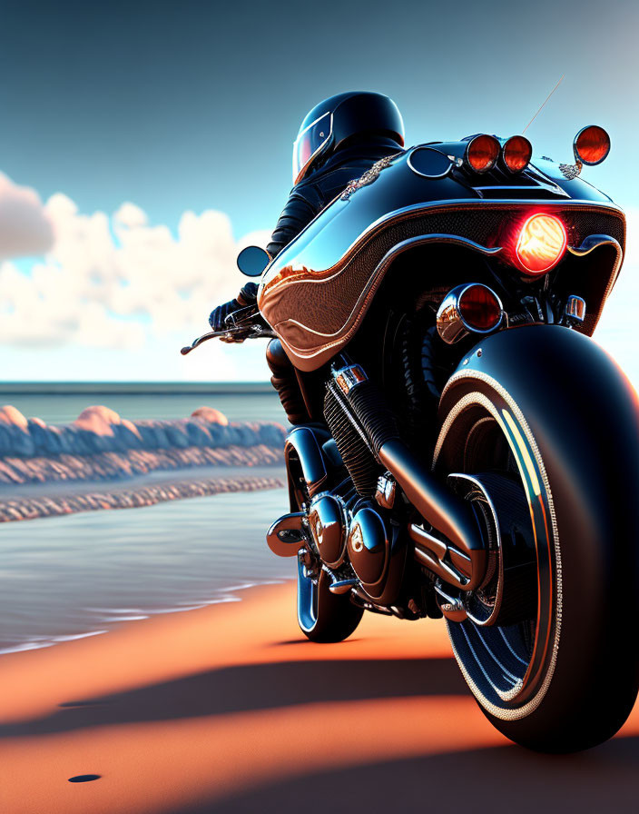 Glossy black motorcycle rider speeds on coastal road at sunset