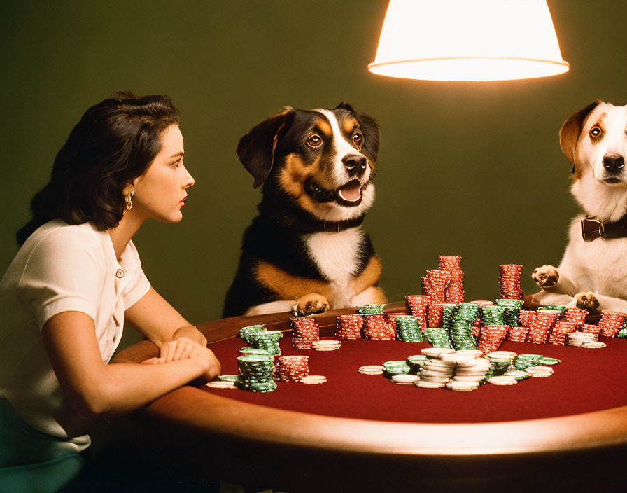 Woman and Two Dogs Playing Poker at Table with Poker Chips and Lamp